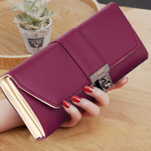 Burgundy Lock-Closure Long Wallet for Women